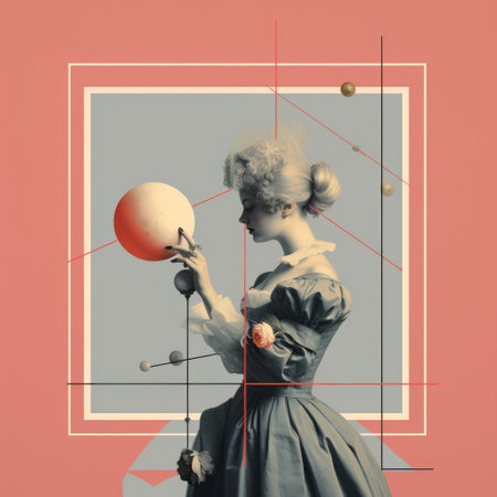 a woman, dressed in a vintage gown, holds a sphere and a planet in an abstract geometric composition. the artwork combines elements of classical historical genre scenes with algorithmic artistry. the color palette features light red and gray tones, creating a visually captivating collage sculpture. this captivating piece is a creation by the talented artist guillem h pongiluppi. ai generatedの素材
