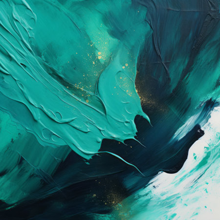 abstract oil painting featuring a blue watercolor with gold accents on the background. this artwork, created by dima dmitriev, showcases flowing textures in a dark emerald and white color scheme. the aerial view perspective adds depth to the piece, while the action painting technique creates contrasting backgrounds of emerald and black. ai generatedの素材