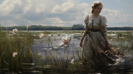 two women, reminiscent of andrea kowch's pastoral nostalgia, stand gracefully on rocks with a serene water backdrop. this photo captures the essence of a matte painting, reminiscent of luke fildes' work. with a touch of national geographic's photography style, it embodies the prairiecore aesthetic, showcasing delicate flora depictions. ai generatedの素材