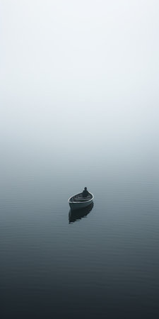 a boat peacefully glides across a serene lake, enveloped in a mystical fog. this captivating photo, reminiscent of zen minimalism, showcases a palette of dark gray and white. the dreamlike installations create an atmosphere of tranquility, while the intricate minimalism and minimalist figuration add depth to the composition. the subtle hues of light aquamarine and black further enhance the ethereal beauty of this captivating image.の素材