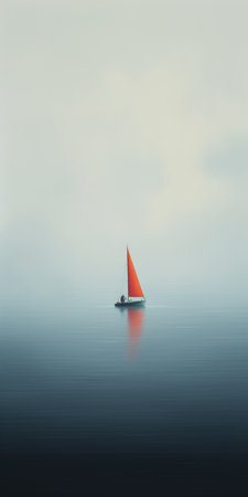 a sailboat gracefully glides through the misty ocean waters, surrounded by a serene atmosphere. the artwork, created by dan matutina, features a unique blend of light cyan and red hues, capturing the essence of soft-focus portraits. the hyperrealistic rendering by nicolas delort adds a touch of realism to the scene, while the color field minimalism technique brings forth a soothing combination of light white andの素材