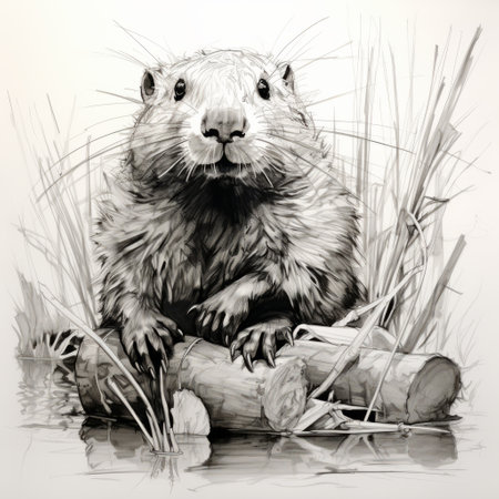 a beaver walking through a forest is depicted in this pen and white drawing. the nature-inspired illustration captures the essence of spring, with polar bears in the background. the cartoon-style artwork combines elements of realism and detailed rendering, resembling a high-quality photo. the ink wash technique adds a dramatic lighting effect, while the vector format gives it a prairiecore aesthetic. this realistic portrayal showcases theの素材