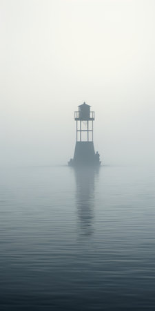 a blue small lighthouse stands on foggy water, captured in the style of wollensak 127mm f47 ektar. this photograph by johannes jan schoonhoven showcases luminous shadows reminiscent of charles willson peale's work. with its minimalistic symmetry, the image is presented in stunning 8k resolution, evoking the late 19th-century aesthetic. ai generatedの素材