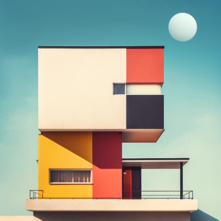 a colorful block building with green stands out in this surreal and dreamlike composition. the sophisticated surrealism style is evident, with bauhaus-inspired designs and a mix of light yellow and dark crimson hues. the mid-century modern design adds to the overall aesthetic, while the photorealistic representation captures the essence of this landscape photography. ai generatedの素材