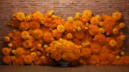 marigold flower background concept stock photo featuring a traditional mexican style. the photo showcases a wall sculpture and installation, creating a festive atmosphere. with its cyclorama and dusty piles, the image exudes a flowerpunk vibe. the photorealistic accuracy adds depth to this captivating composition. ai generatedの素材