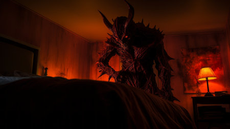 a scary devil, rendered in unreal engine, stands menacingly against a wall near the bed. the image, captured with a zeiss batis 18mm f2.8 lens, showcases intricate details in 32k uhd resolution. the devil's appearance is intensified by the burnedcharred effect, while the celestialpunk theme adds a unique touch. the dark orange and bronze tones further enhance the eerie atmosphere. this captivating image is aの素材