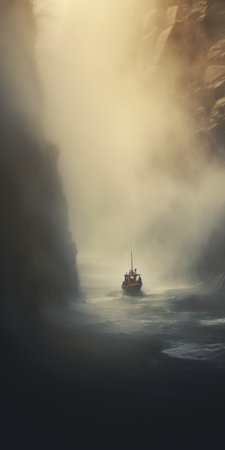 a ship emerges from the misty waters in this powerful and emotive digital painting. the illustration, done in the style of light yellow and dark navy, showcases the artist's talent in creating romantic and dramatic landscapes. this captivating artwork, inspired by scottish landscapes, is brought to life with the use of the ricoh gr iii camera and unreal engine 5. ai generatedの素材