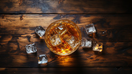 ice cubes and whiskey are beautifully arranged on an old wooden table, captured from an aerial view. the skillful lighting enhances the traditional and timeless feel of the scene, reminiscent of the works of salvator rosa. the composition exudes a smooth and inviting atmosphere, reminiscent of the iconic designs by matti suuronen. perfect for a website or any whiskey-related content. ai generatedの素材