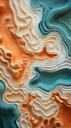 a colorful abstract foam design showcasing topographical realism. this unique piece features focus stacking, with light teal and light orange hues. the accurate topography and naturalistic shadows create a visually stunning effect. the richly detailed backgrounds complement the vibrant woodcarvings, resulting in a captivating work of art. ai generatedの素材