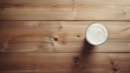 a top view of a glass of milk on a wooden surface, providing ample copy space. this high-resolution image captures the essence of joel robison's style, with its raw and unpolished aesthetic. the swiss style and barbizon school influences are evident, showcasing a flat composition and industrial texture. ai generatedの素材