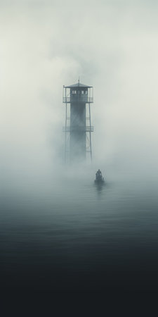 a white lighthouse emerges from the water, surrounded by a mysterious blue fog. this surrealistic image, captured with a voigtlander bessa r2m camera, showcases muted tones and a grid-like composition. the uhd quality enhances the dark and foreboding colors, creating an industrial landscape with haunting figuratism. ai generatedの素材