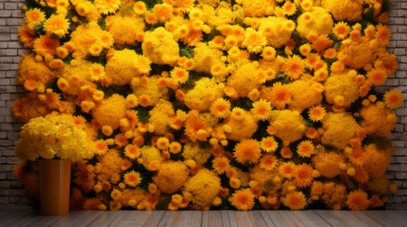yellow flowers bloom vibrantly against an orange wall, creating a striking contrast. this captivating image, reminiscent of stereoscopic photography, showcases the artistic fusion of flowers and punk aesthetics. inspired by the works of dan colen and aleksandr deyneka, it explores the themes of collecting and different modes of display. crafted from natural fibers, this floral masterpiece is a testament to creativity and innovation. ai generatedの素材