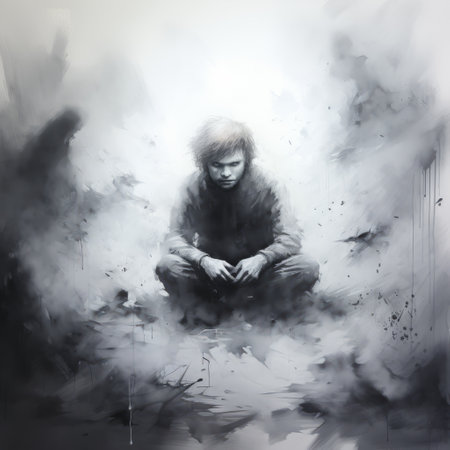 the boy sitting in a black background, using smoke as ink wash paintings, depicts trapped emotions. the gothcore style is evident in the large-scale, torn, and distressed edges of the painting. subtle atmospheric perspective and spray painted elements add depth to the artwork. ai generatedの素材