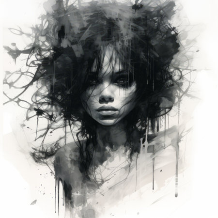a woman with watercolor paint on her head is depicted in this black and white realism style image. the aggressive digital illustration showcases darkly romantic illustrations with a strong facial expression. the artwork combines digital art techniques, oil portraitures, and anime-influenced elements. ai generatedの素材