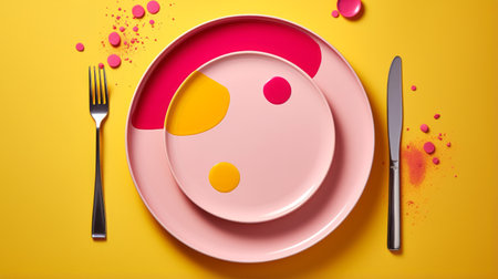 a plate with a knife and spoon is placed on a vibrant pink background, seen from a top view. the image showcases a playful and abstract style, with elements rendered in cinema4d. the composition features circular shapes in yellow and pink, creating a lively and dynamic tableau. playful details are poured into the design, resulting in a visually captivating scene. ai generatedの素材