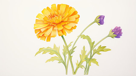 drawing of flowers on a white background, featuring a realistic watercolor style with light orange and purple hues. the artwork is reminiscent of the works by james pradier, showcasing bold color fields in yellow and green. this piece evokes the artistic style of marguerite blasingame and takasaki masaharu. ai generatedの素材