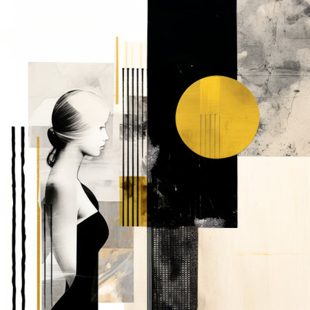 an abstract collage-style illustration featuring a woman in a black dress and yellow hat against golden gold and black backgrounds. the graphic black and white elements, serene faces, and juxtaposed elements create a visually striking composition. inspired by graphic design, this illustration incorporates solarization techniques to add depth and intrigue. ai generatedの素材