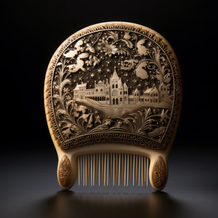 an acanthus carving comb featuring a castle, inspired by the artistic style of rashad alakbarov, illuminated visions, embroidery art, john wilhelm, petros afshar, and rural china. this high-quality photo captures the intricate details of the comb, showcasing the craftsmanship and cultural influences behind its design. ai generatedの素材