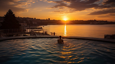 a human swimming in a pool with a colorful sunset backdrop. this coastal and harbor view photo captures the grandiose cityscape with the zeiss planar t 80mm f/2.8 lens. the post-processing enhances the dark gold and orange tones, creating a romantic chiaroscuro effect. the striped pattern adds visual interest to this captivating image. ai generatedの素材
