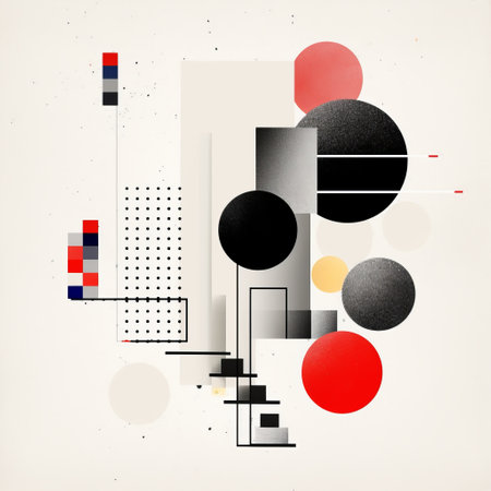 geometric artwork by andrei gavrilov, 1908, featuring digital constructivism style. the illustration showcases textured illustrations with a beige background. the artwork incorporates light black and red tones, creating a classical balance. the composition is scattered, resembling an architectural illustrator's work. the artwork also incorporates elements of data visualization. ai generatedの素材