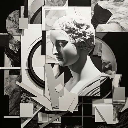 the photo captures an artistic work featuring a collage sculpture with a neoclassical composition. the ambient occlusion adds depth to the monochrome palette, enhancing the black and white portraits. the fragmented geometry adds an intriguing element to the neoclassical clarity of the sculpture. ai generatedの素材