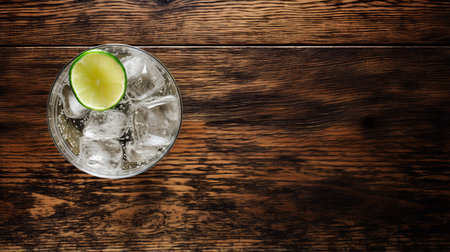 white gin glass with ice sitting on a wooden table, captured in an aerial view style. this uhd image showcases a dark silver and light green color palette. perfect for websites related to folknave, manapunk, and the american barbizon school. ai generatedの素材