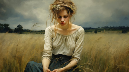a painting of a beautiful girl meditating on a field, showcasing darkly romantic realism. this western-style portrait captures the essence of realist lifelike accuracy, reminiscent of the danish golden age. the cranberrycore color palette adds a captivating touch to the emotional imagery portrayed in this stunning artwork. ai generatedの素材