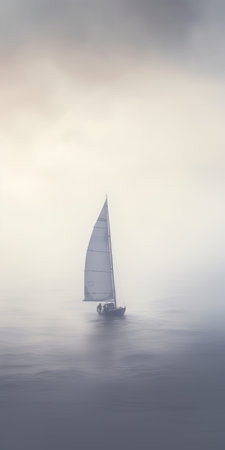 a sail boat gracefully glides through the shallow waters, capturing the essence of mikko lagerstedt's hazy romanticism. the soft mist envelops the scene, creating a dreamlike atmosphere. the monochromatic color schemes, reminiscent of theo van rysselberghe's art, add depth and intrigue. the use of kodak vision3 film enhances the ethereal quality, while focus stacking ensures every detail is beautifully captured. ai generatedの素材