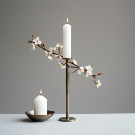 a candlestick sits at the center of a plate, adorned with flowers. this minimalistic metal sculpture, inspired by danish design, combines the elegance of cherry blossoms with the artistic touch of nathan wirth and lucy glendinning. the white and bronze color scheme adds a sophisticated touch to this vray tracing style photograph. ai generatedの素材