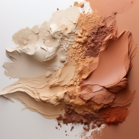 three different colors of cosmetic powder, including light orange and brown, are showcased in this digitally manipulated image. the powdered cosmetic is beautifully layered in complex abstract formations, creating an organic and sculpted look. set against a white background, the muted earth tones of the powders add a touch of elegance to this captivating composition. ai generatedの素材