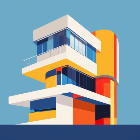 the multi-colored poster showcases a building with simplified abstraction, inspired by the bauhaus functional design. the vibrant hues of azure and amber create an eye-catching contrast. the poster's accurate and detailed depiction, along with its soft renderings, beautifully capture seaside vistas. this artwork is reminiscent of editorial illustrations. ai generatedの素材