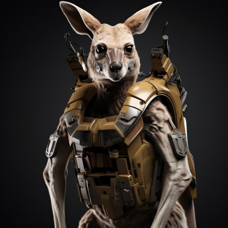 the photo showcases a detailed science fiction illustration of a kangaroo costume with multiple weapons. the costume is designed in the style of vray tracing, featuring elements of kombuchapunk, australian tonalism, and alien worlds. the illustration captures a dark white and yellow color scheme, highlighting the intricate details of the costume. ai generatedの素材