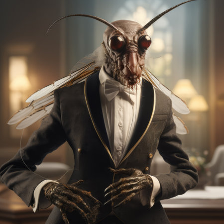 a spider wearing a suit and tie, with a mosquito on its back, in a surreal cyberpunk style reminiscent of daz3d, kevin sloan, baroque animals, richard bergh, and firmin baes. this award-winning image combines elements of nature and technology in a visually striking and thought-provoking manner. ai generatedの素材