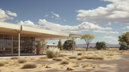 a desert landscape featuring a cabin in the middle, rendered in a photorealistic style. the scene showcases classic american cars and draws inspiration from marcel breuer's designs. this uhd image captures the beauty of the australian landscape with its realistic and detailed rendering, making it a landscape-focused masterpiece. ai generatedの素材