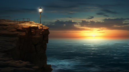 a small light spills into the water, creating a dramatic vista in this realistic and detailed rendering. the ocean academia setting adds to the romantic scenery, enhanced by the firecore effect and rim light. this high-resolution image captures the mesmerizing beauty of light meeting water. ai generatedの素材