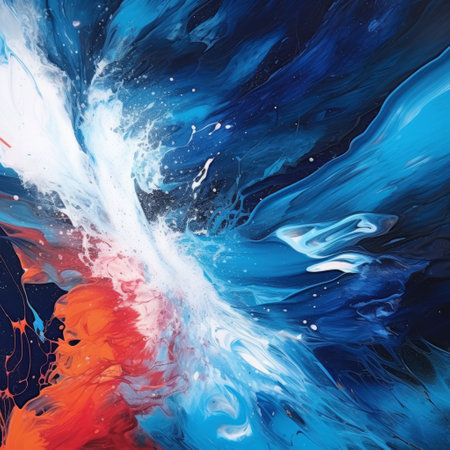 an abstract painting showcasing vibrant illustrations of blue and orange hues, capturing the energetic dynamism of ray collins' style. created using fluid acrylics, this artwork by the stars art group xing xing exudes dramatic movement with its light white and red accents. ai generatedの素材