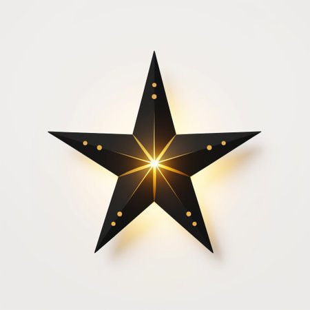 a stunning black paper star, crafted with meticulous detail, radiates a golden light. its realistic yet stylized design captivates with glowing lights, while its light gray and bronze hues add a touch of elegance. this minimalistic object embodies american iconography, adorned with dotted patterns that enhance its allure. ai generatedの素材