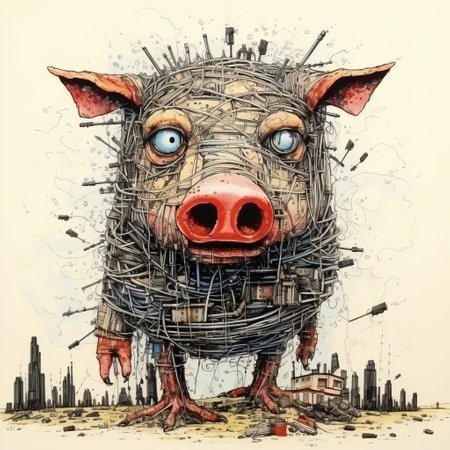 a photo of a dystopian cityscape titled "stumbling on a pig" by ivan shapiro. this artwork, influenced by jeff soto's style, features a juxtaposition of hard and soft lines. the wire sculpture, reminiscent of florian nicolle's work, symbolically portrays poisoned pigs. the artist, inspired by genndy tartakovsky, skillfully combines elements of animals and urban decay in this thought-provoking piece. ai generatedの素材