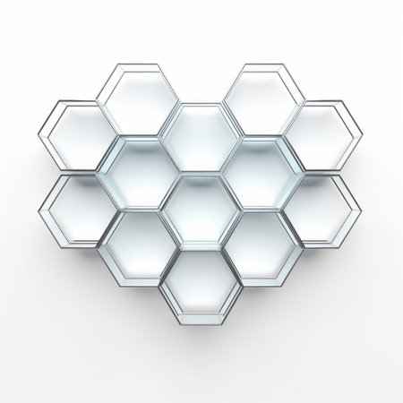 a heart-shaped artwork created using hexagons in a contemporary glass style. the background features a modular design with light white and white tones. inspired by the bechers typologies, this piece showcases multilayered dimensions and a symmetrical arrangement. the heart is made of opaque resin panels, adding depth and texture to the overall composition. ai generatedの素材