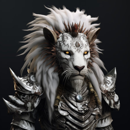 a pixel art character render of a lion warrior, textured in white and silver. this hyperrealistic depiction showcases photorealistic details, with a style reminiscent of the unreal engine. created using unreal engine 5, this high-quality photo captures the intricate and lifelike features of the character. ai generatedの素材