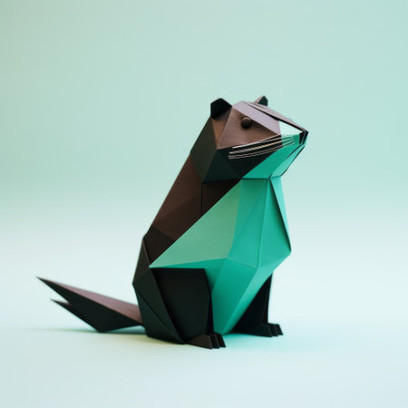 an origami beaver, created using an origami animal pattern, is depicted in this rendered image. the beaver is crafted with light emerald and dark black colors, giving it a vibrant appearance. the photograph was taken with a fujifilm x-t4 camera by scott gustafson. the beaver's features are highlighted with dark brown and magenta tones, while the inking is clean and sharp. the overall image hasの素材