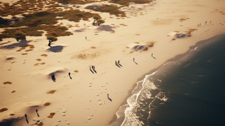 sand in the ocean, rendered in unreal engine, showcases realistic human figures amidst native australian motifs. the aerial photography captures dystopian landscapes with a warm tonal range, creating an adventurecore ambiance. ai generatedの素材