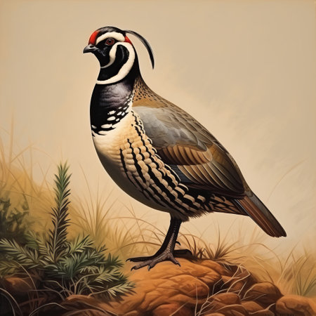 bird standing on ground in oil painting, featuring historical illustration style, simplified and stylized portraits, hyper-realistic animal illustrations, dappled effect, ndebele art influence, and soviet illustration elements. ai generatedの素材