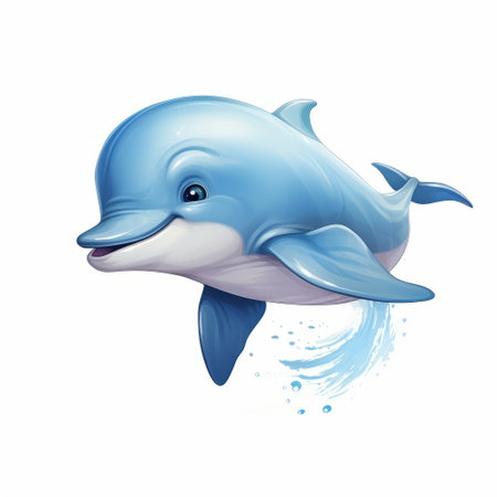 the dolphin is a smiling and airborne creature, depicted in a detailed character illustration style. this realistic animal portrait showcases a light blue color scheme and incorporates elements of neo-pop iconography. with a glossy finish and soft watercolor effects, this high-definition image captures the playful essence of the dolphin in a visually stunning manner. ai generatedの素材