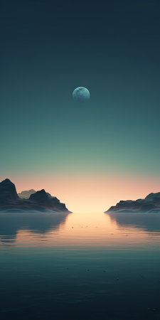 a spacecraft gracefully soars above a serene lake, showcasing a realistic landscape with soft, tonal colors. the minimalistic serenity of the scene is enhanced by the romantic moonlit seascapes and exotic landscapes. the calming symmetry of the illustration adds to the overall aesthetic appeal. ai generatedの素材