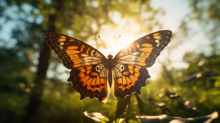 an orange butterfly perches gracefully on vibrant green grass, basking under the warm glow of a bright sun. captured with the dramatic lighting effects of a graflex speed graphic camera and enhanced with the unreal engine 5, this national geographic photo showcases the enchanting beauty of atmospheric woodland imagery. ai generatedの素材