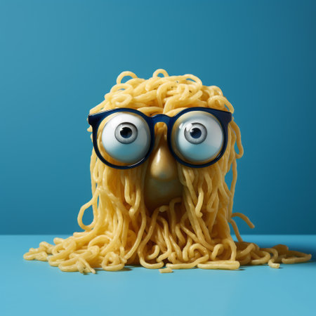 a playful character design featuring a hunk of spaghetti and hay, rendered in cinema4d. this imaginative creation showcases vivid portraiture in the style of national geographic photos. with a touch of poodlepunk, the light yellow and dark azure colors add to the whimsical charm of this unique artwork. ai generatedの素材
