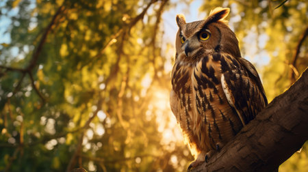 the owl perches on a tree branch during a stunning sunset, captured with lens flares and the graflex speed graphic style. this realistic portrayal of light and shadow by stephen shortridge creates a powerful and emotive portrait. the uhd image showcases the owl's majestic presence, bathed in warm hues of light amber and amber. ai generatedの素材