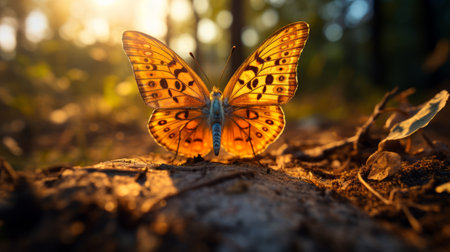 a vibrant orange butterfly perched on the ground, illuminated by a golden light. this stunning image captures the essence of mythology-inspired beauty, with its atmospheric woodland setting and photo-realistic techniques. a high-resolution uhd image that showcases the intricate details of this national geographic-worthy photo, created using vray tracing. ai generatedの素材