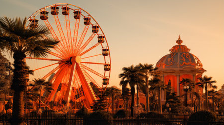 a large orange ferris wheel stands tall, resembling elaborate landscapes and phoenician art. it adds a captivatingly atmospheric touch to the cityscape as sunrays shine upon it. the dusty piles around it enhance its italianate flair. this photo was taken with a tokina at-x 11-16mm f/2.8 pro dx ii lens. ai generatedの素材